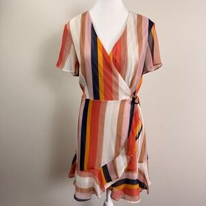 Striped Multi-Color V-Neck Wrap Mini Dress with Ruffle Hem and Side Tie Medium